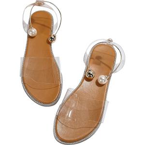 OYOANGLE Women's Pearl Decor Clear Straps Open Toe Flat Sandals Leather Outdoor Beach Sandals, Size 41, Apricot