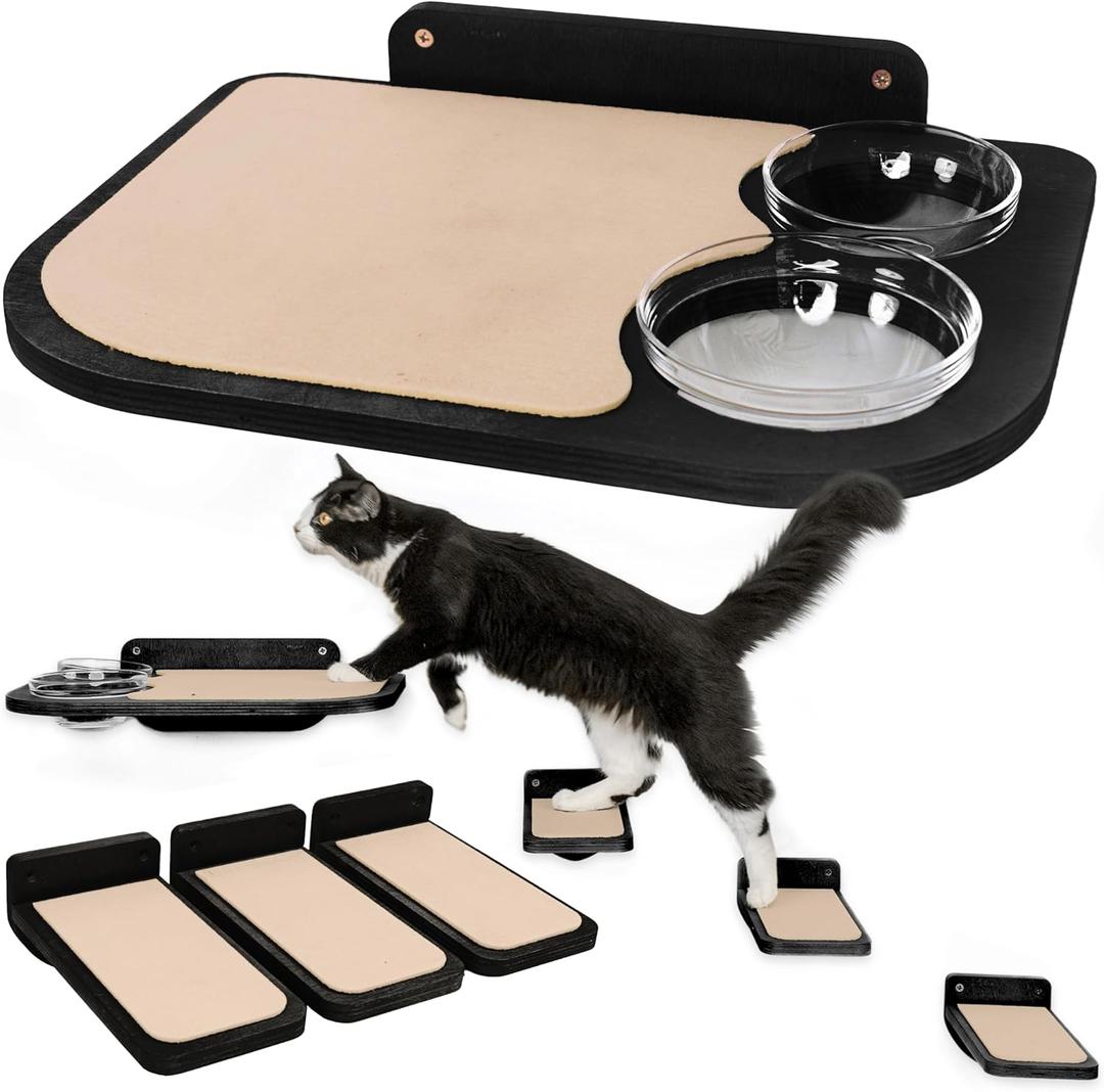 INICIO Cat Wall Shelves  Dog Proof Feeding Station with Wall Mounted Shelves, Durable 3 Step Birch Floating Shelf for Cats Up to 15lbs, Includes Attached Cat Food Bowl for Convenient Feeding  Black