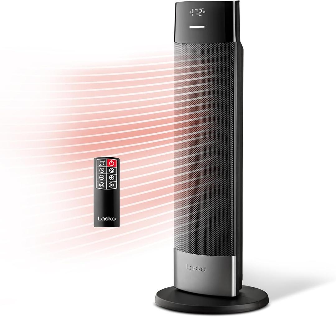 Lasko Ellipse Ceramic Tower Heater for Home with Tip-Over Switch, Digital Display, Thermostat, Wide Oscillation, Remote, Timer, For Bedroom, Office, Living Room, Den, 24 Inches, 1500W, Black, CT24950