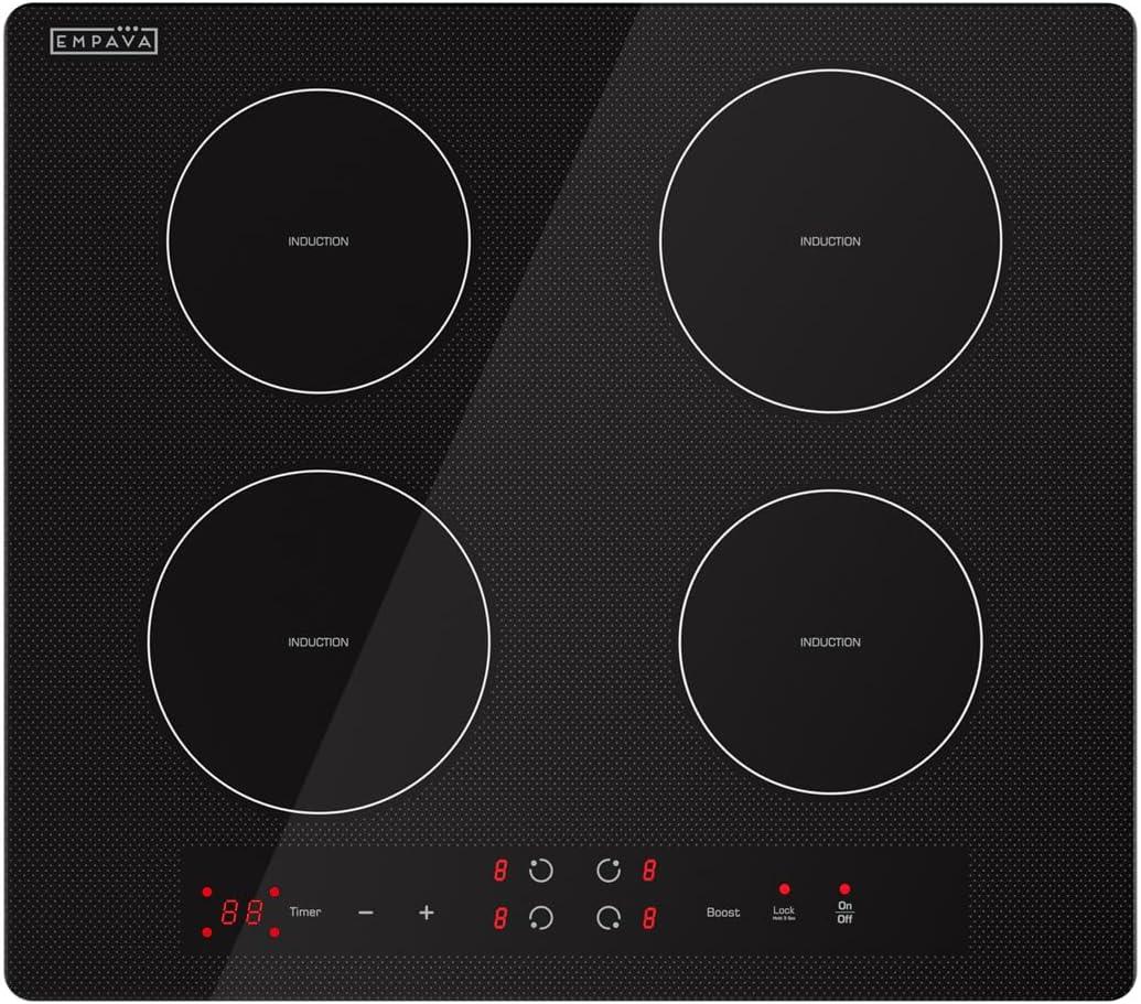 Empava 24 Inch Electric Induction Cooktop, 4 Burner Built-In Smooth Glass Stove Top with Power Boost, Touch Control, Timer, Child Lock, Residual Heat Indicator, Hardwired