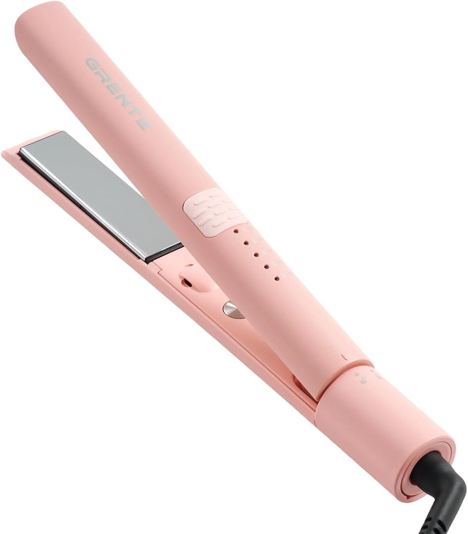 Titanium Flat Iron Travel Hair Straightener and Curler 2 in 1 with Quick Fast Heating, 1 Inch Professional Straightening Iron, 5 Temp Settings for All Hair Types, Dual Voltage & Auto-Shut Off (Pink)