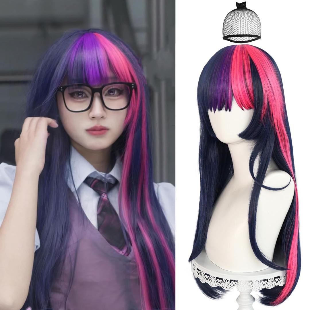 JoneTing 70cm 27inch Purple Pink Wigs+Hair Cap Women Long Straight Purple Mix Pink Wig with Bangs Women Long Wavy Purple Pink Hair with Bangs Halloween Party Christmas Outfit