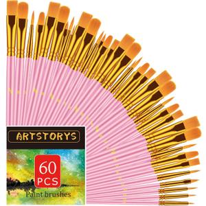 Paint Brushes Set, 60 Pcs Paint Brushes for Acrylic Painting, Oil Watercolor Acrylic Paint Brush, Artist Paintbrushes for Body Face Rock Canvas, Adult Drawing Arts Crafts Supplies, Pink