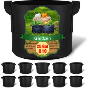 Gardzen 10-Pack 25 Gallon Grow Bags, 300G Thickened Aeration Fabric Pots with Handles, Heavy Duty Cloth Pots for Plants (Black)