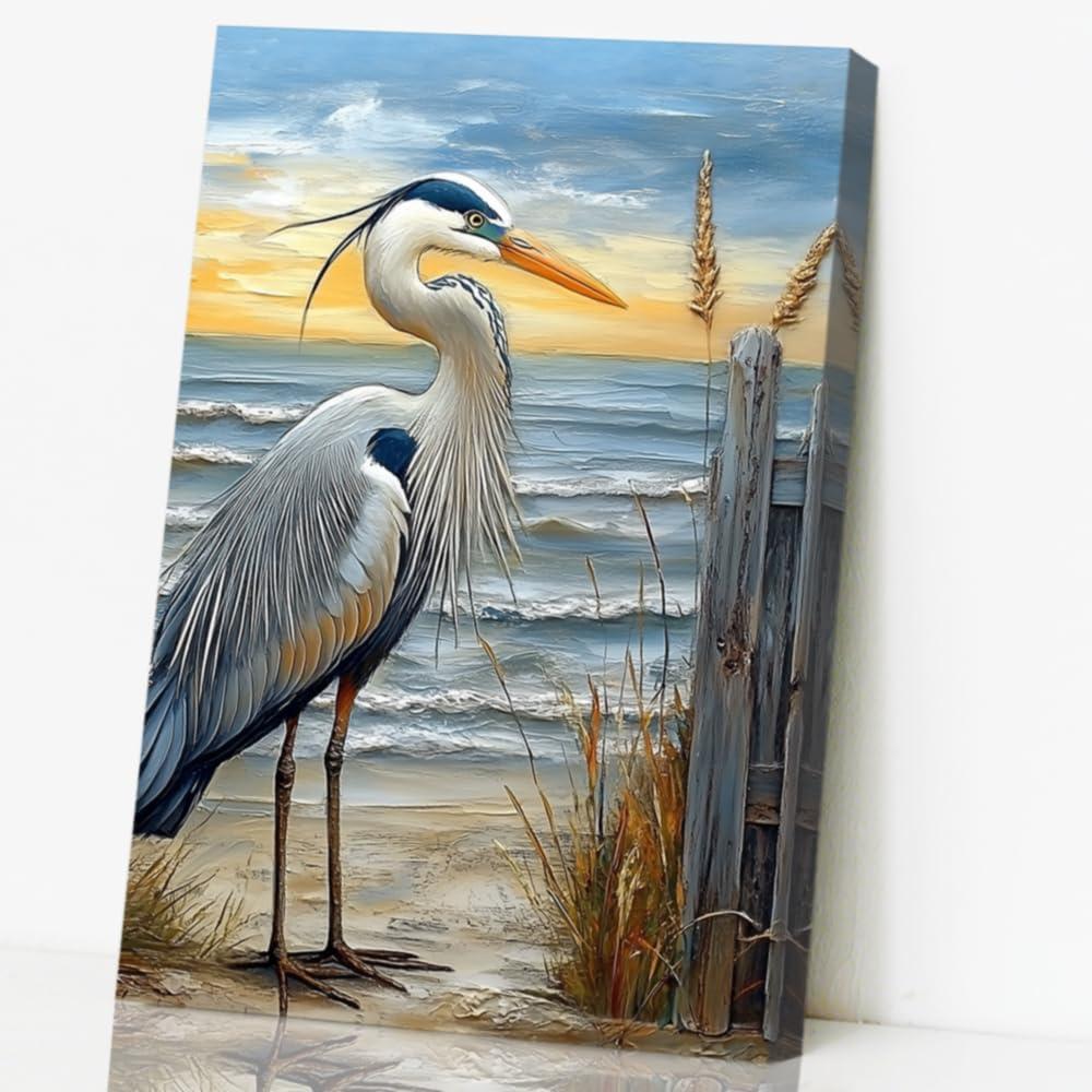 CCWORKERRY Coastal Egret Canvas Wall Art Blue Heron Canvas Pictures Beach Bird Artwork Sea Bird Painting Sea Shore Bathroom Wall Decor (blue,12W x 18L)