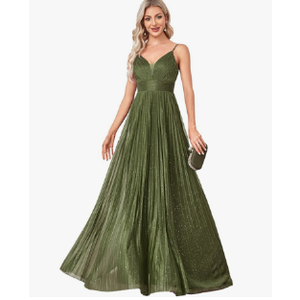Sexy Backless Maxi Formal Dress for Women with Sequin, Sleeveless Pleated Evening Gowns for Wedding and Cocktail Large Olive Green