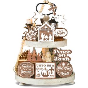 17 Pcs Christmas Christian Tiered Tray Decor Set Jesus Theme Tray Decorations Religious Tabletop Centerpiece Angel Wooden 3D Star Sign for Xmas Winter Home Farmhouse Rustic Table Decoration
