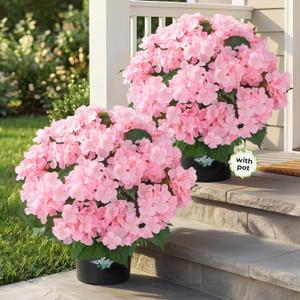 Auihiay 2 Potted Pink Hydrangea Artificial Flowers, Faux Hydrangea Outdoor