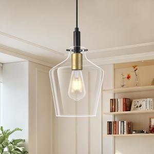 Modern Pendant Light Fixture for Kitchen Island , Farmhouse Black and Gold Brushed Brass Adjustable Hanging Light With Clear Glass Shade 8'', Industrial Ceiling Light for Dining Room Bedroom Hallway