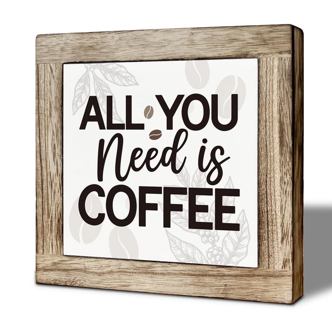 Coffee Bar Decor, All You Need is Coffee Decoration Sign, Square Wood Block Sign Table Decoration, Freestanding Home Decor, Rustic Wood Signs for Kitchen Cafe Bar 5.95.9 inch
