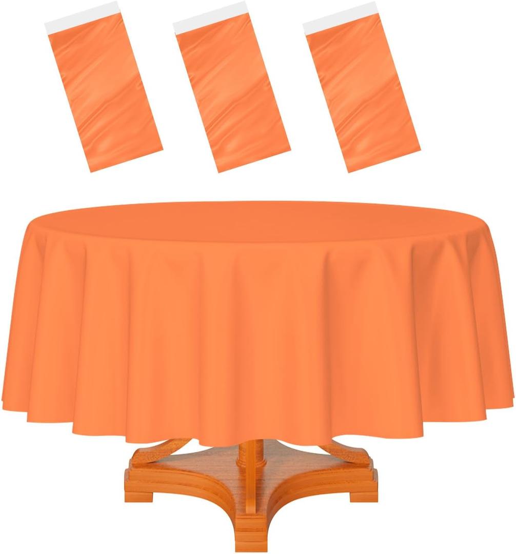 HEIPINIUYE 3 Pack Orange Tablecloth Round 84 Inch Round Plastic Table Cloth Waterproof Disposable Round Table Cover for Party Birthday Camping Picnic Baby Shower Circle Tablecloth