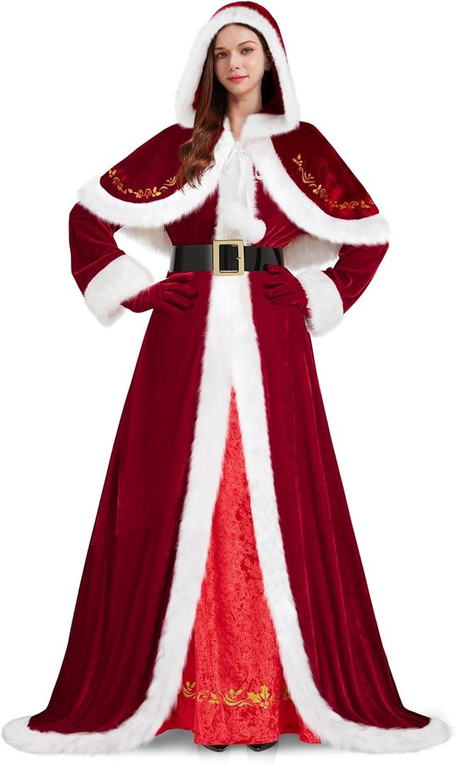 4 Pieces Mrs Claus Costume for Women, Adult Santa Costumes Claus Dress Christmas Outfit with Hooded Cape Gloves Belt (XX-Large)