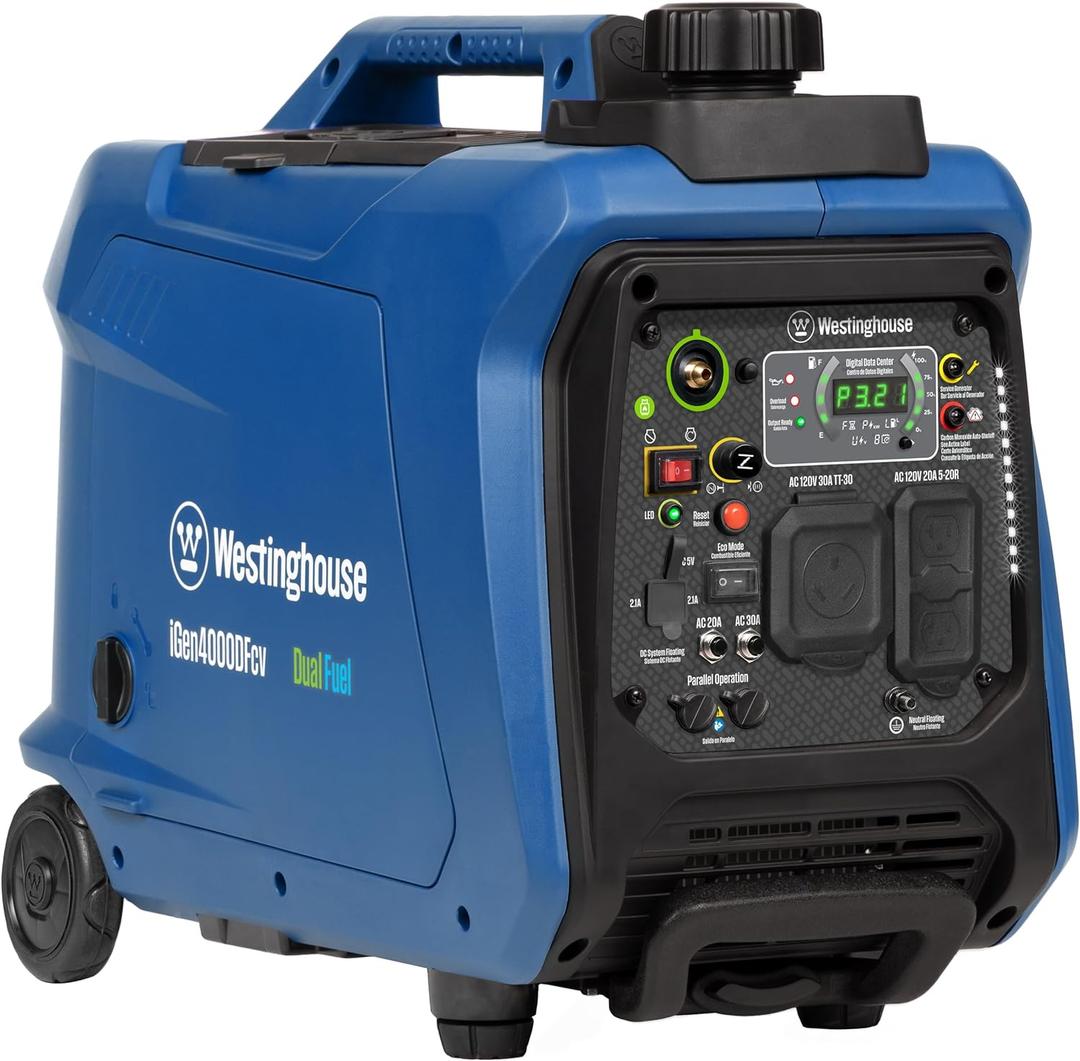 Westinghouse 4000 Peak Watt Super Quiet Dual Fuel Portable Inverter Generator, Wheel & Handle Kit, Gas & Propane Powered, RV Ready, CO Sensor, Parallel Capable
