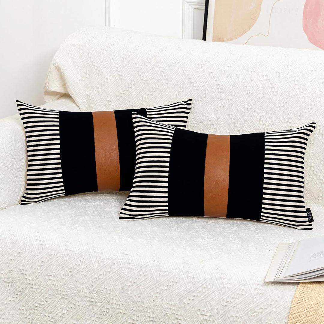 Vfuty Set of 2 Boho Decorative Throw Pillow Covers 18x18 Inch Farmhouse Stripe Pillow Case, Faux Leather Modern Cushion Cover for Living Room Couch Bed Natural Decor Pillowcase Black and Brown