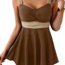 B2prity Women's One Piece Swimdress Swimsuit Tummy Control Swim Dress Slimming Modest Bathing Suit Color Block Swimwear (Large, Brown, Beige)