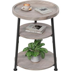 Round Side Table 3-Tier end Table for Living Room, Small Nightstand 15.75in, Without Charging Station