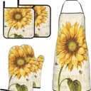 Sunflowers Oven Mitts and Pot Holders Sets with Apron 5Pcs Heat Resistant Vintage Sunflower Bee Kitchen Mitten Gloves and Non-Slip Potholders Apron Sets Oven Gloves Hot Holders for Baking
