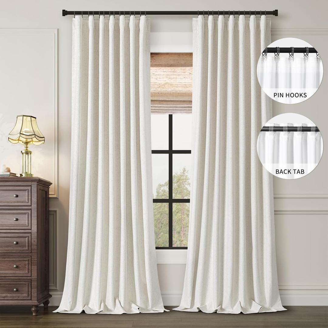 Cream Linen Blackout Curtains 108 Inches Long Back Tab Neutral Farmhouse Living Room Darkening Curtains Thermal Insulated for Summer Heat Energy Efficient Curtain Black Out Drapes 2 Panels Set (Natural)