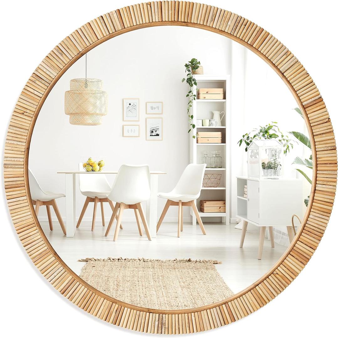 Barnyard Designs Round Rattan Wall Mirror, Natural Tan Woven Rattan Frame, Indoor Decorative Mirror for Bedroom Living Room Entryway (25.5", Round)