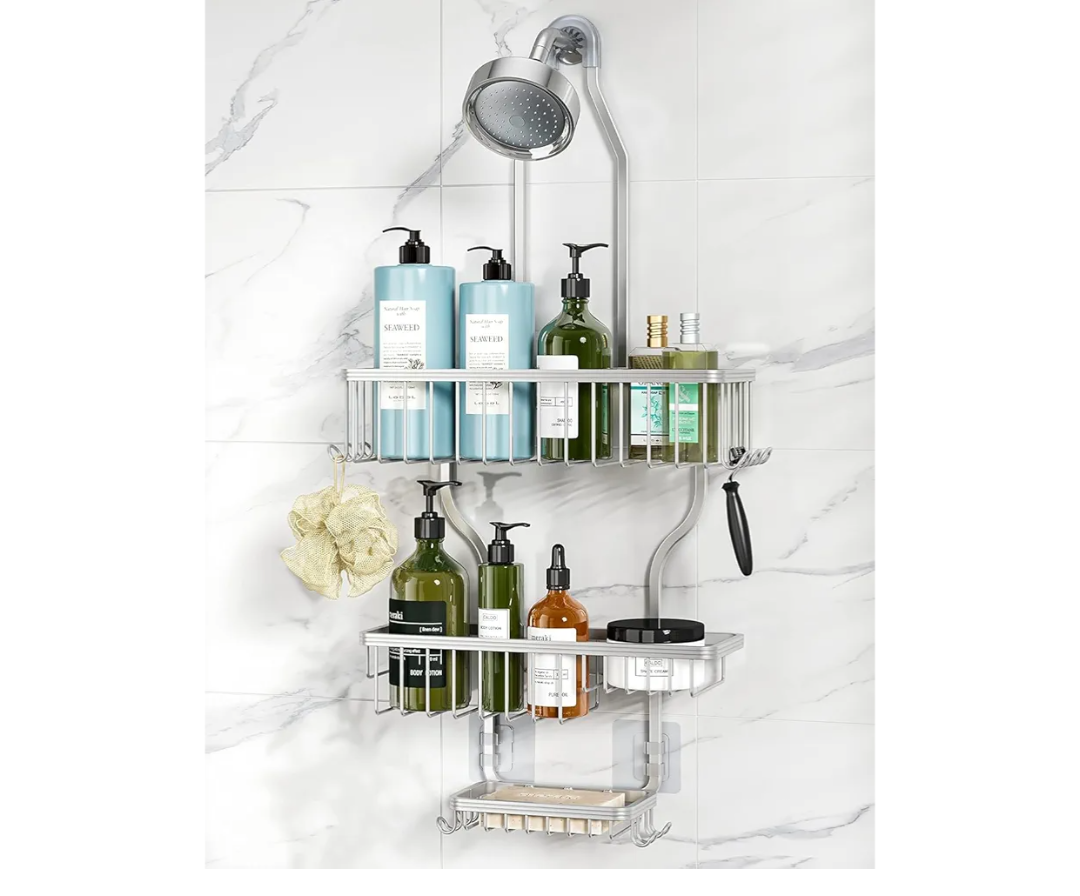YASONIC Shower Caddy Hanging - Never Rust Shower Organizer - Aluminum Over The Head Caddy with 10 Hooks for Razor/Sponge - Rack with Soap Basket - Silver