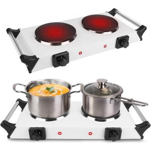 2000W Hot Plate,Portable Electric Stove Countertop Double Burners W/5 Level Temperature Control & Stay Cool Handles, Easy to Clean, Lightweight Cast Iron Electric Stove for RV/Home/Camp 110V