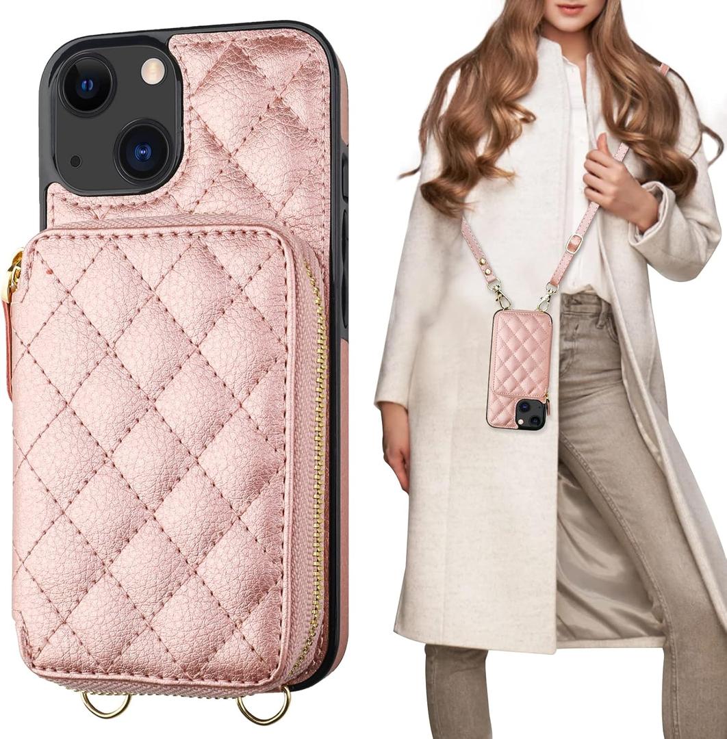 Bocasal Crossbody Wallet Case for iPhone 13, RFID Blocking PU Leather Zipper Handbag Purse Flip Cover, Kickstand Folio Case with Card Slots Holder Wrist Strap Lanyard 5G 6.1 Inch (Rose Gold)