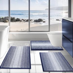BSICPRO Bathroom Rugs Sets 3 Piece, Toilet Rugs U-Shaped Contour Bath Mat Set, Striped Absorbent Non Slip Chenille Shower Mat, Navy Blue