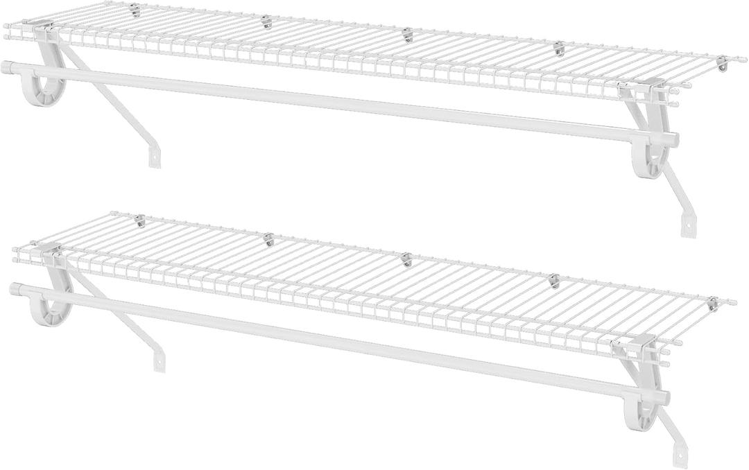 Closet Shelves Wall Mounted with Hanging Rod, 2 Pack 4 ft x 12 in White Wire Shelving Kit, Metal Wall Shelf Organizer for Home, Pantry, Laundry Room Storage