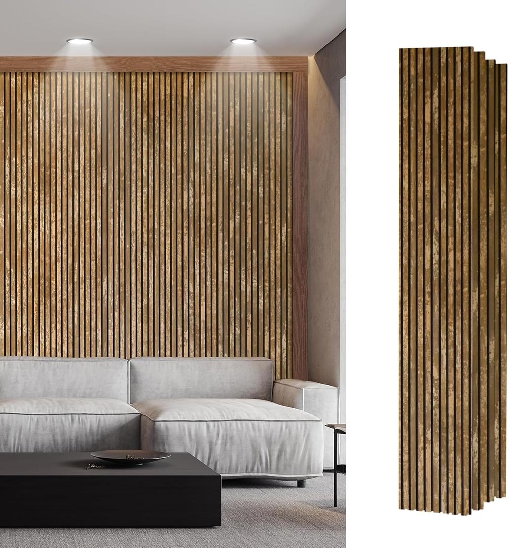 Wood Slat Acoustic Wall Panels for Interior Wall Decor Vintage Retro Metal-Look Decorative Wall Paneling, Sound Absorbing Panel for Accent Wall, Studio & Home Office (Antique Brass Patina)