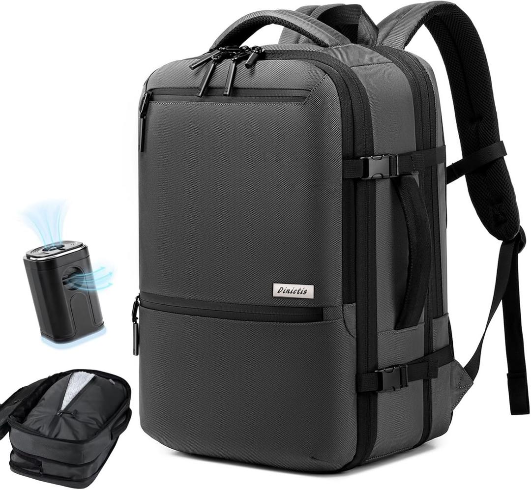 Dinictis Vacuum Seal Backpack 60L with Pump, Expandable Backpack with Vacuum Compression fits 17 inch Laptop, Water Resistant Carry On Suitcase Luggage suit for Short Trip and Business-Dark Grey