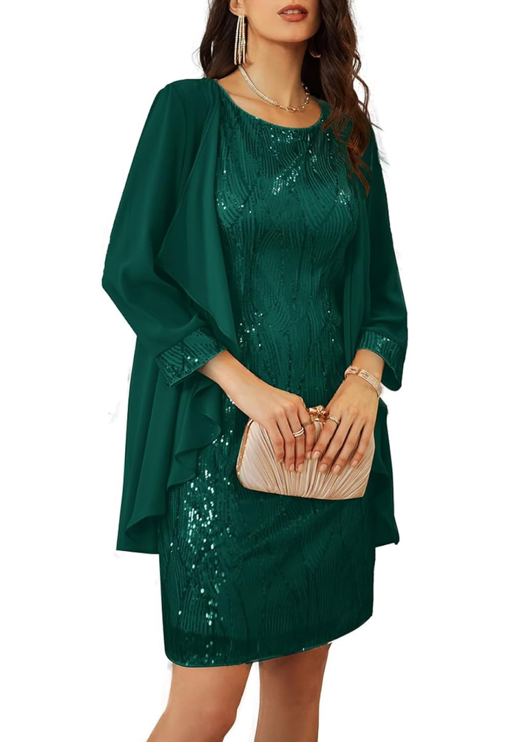 GRACE KARIN Women's Sequin Dress - Wedding Guest & Mother of The Bride Formal Dress - Two Piece Knee Length, 2XL