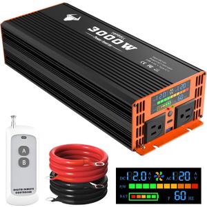 3000 Watt Power Inverter 12V DC to 120V/110V AC for Vehicles RV, Truck, Solar, Home, Off-Grid Car Converter Surge 6000W with 2 AC Outlet, USB-A Port, LCD Display, Remote Control and Cable Included