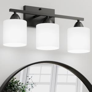 Black Bathroom Lights Over Mirror, Anti-rust Vanity Light Fixture for Bathroom, Modern 3-Light Wall Sconce Light for Living Room, Standard E26 Base, Milky White Glass Shades, Bulbs Not Included