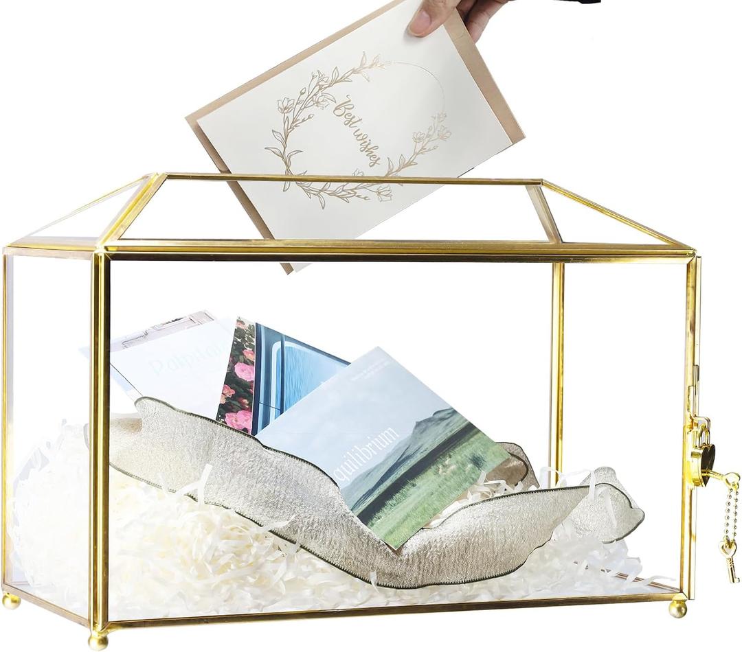 HighFree Glass Wedding Card Box with Lock, Gold Clear Card Box, Decorative Gift Card Box for Baby Shower, Birthday Party, Bridal Shower (Clear, Large)