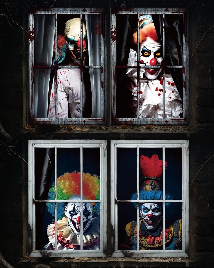Patelai 4 Pcs Scary Halloween Ghost Curtain Halloween Window Silhouette Decoration Horror Window Door Cover Spooky Poster Screen for Indoor Outdoor Party Decor (Clown Killer)