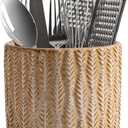 5.3-Inch Ceramic Utensil Crock Utensil Holder Countertop, Embossed Ceramic Storage Canister - with Non-Slip Cork Base, Rustic Farmhouse Multi-Purpose Desktop Organizer, Kitchen Decor(Wheat Brown)