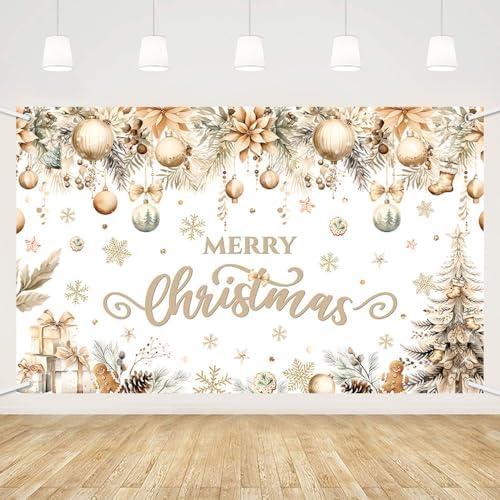 MEHOFOND Gold Christmas Backdrop, Gold Snowflakes Christmas Tree Merry Xmas Photo Photography Background Boho Elegant Merry Christmas Party Banner 5.9x3.6ft