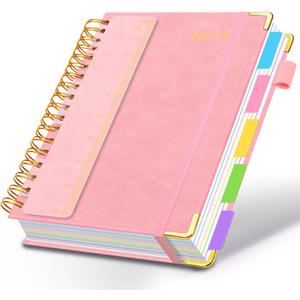 Hardcover Spiral Notebooks for Work 8''x 10'', 300 Pages 5 Subject Notebook with Dividers & Tabs, B5 Spiral Journal for Women, College Ruled Notebooks for School Note-Taking (Pink)
