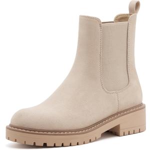 vodvob Women's Chelsea Boots Fashion Slip On Ankle Booties Casual Elastic Chunky Block Booties (8, Nude)