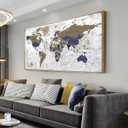 Framed Wall Art World Map Wall Art Canvas Picture24inx48in Large Grey Map of The World Canvas Painting Artwork Prints for Office Wall Decor Home Living Room Decorations Framed Ready to Hang, 60"L x 30"W