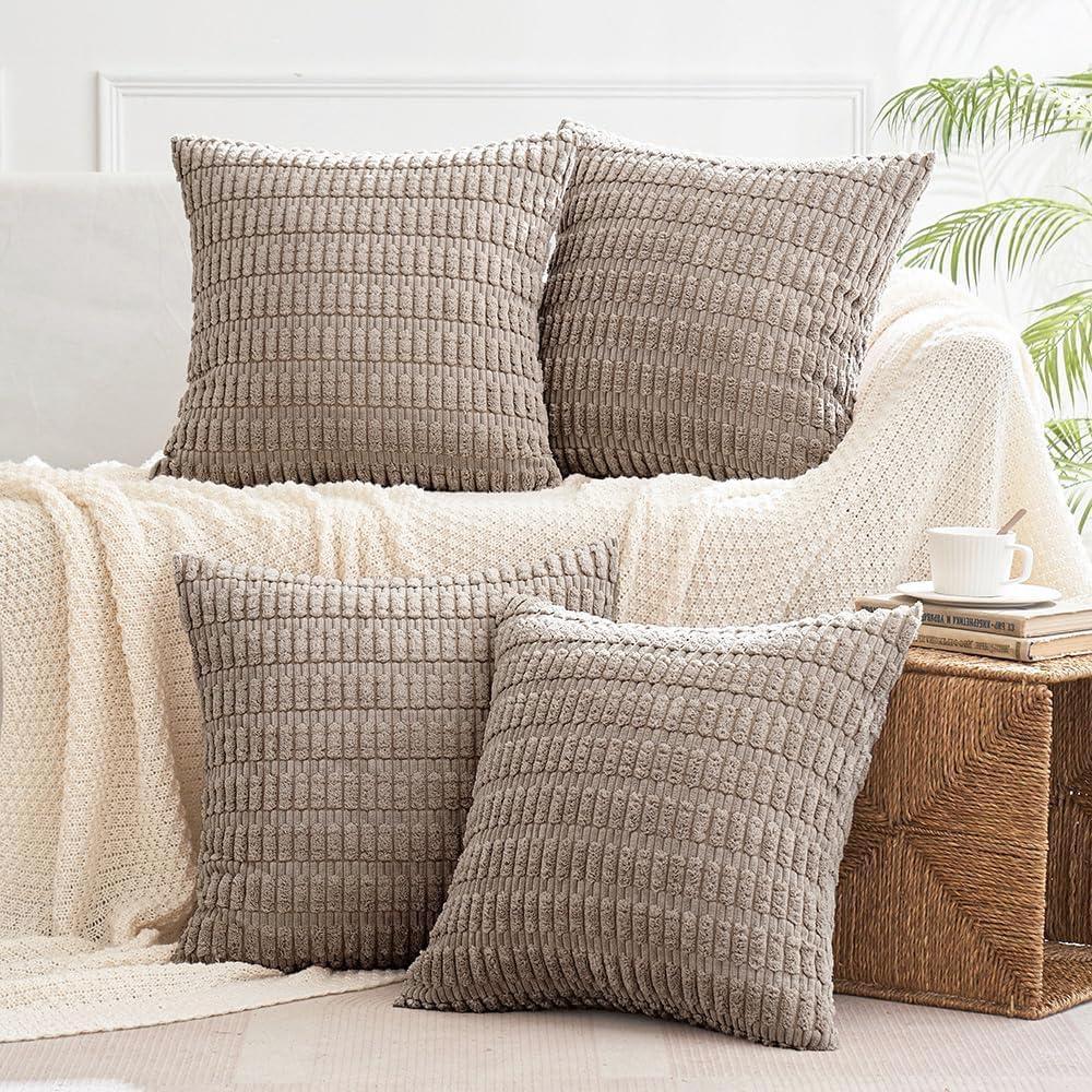 All Smiles Brown Decorative Throw Pillow Covers 18x18 Set of 4 Thanksgiving Farmhouse Home Corduroy Square Cushion Case for Decor Living Room Couch Bed Sofa,
