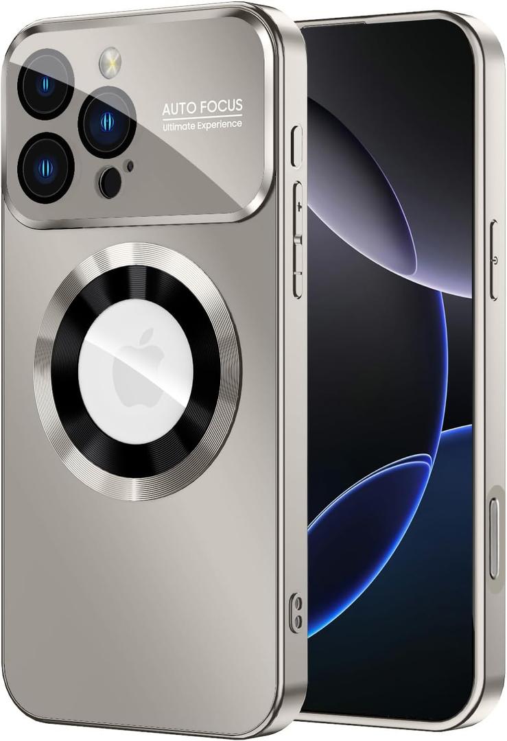 Magnetic for iPhone 16 Pro Max Case, Compatible with MagSafe, Built-in Camera Lens Protector, Logo View, Military Grade Drop Protection Phone Cover, Titanium Gray
