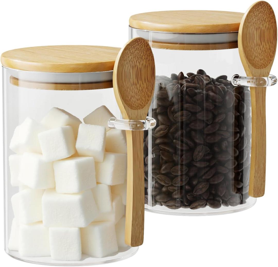 Glass Sugar Container with Spoon - 2 Pack 15oz Glass Jars with Bamboo Lid and Spoon, Bamboo Lid Storage Jar Canister for Coffee Beans, Spice, Brown Sugar, Tea, Flour, Nuts, Candy, Salts and More