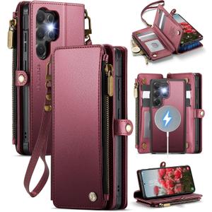 Defencase for Samsung Galaxy S22 Ultra Magnetic Wallet Case Compatible with Magsafe with RFID Blocking Zipper & Card Holder Women, PU Leather Detachable Phone Case for Galaxy S22 Ultra 6.8", Wine Red
