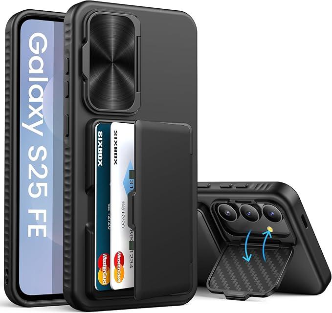 SIXBOX for Samsung Galaxy S25 FE Case Wallet with 2X Screen Protector, Builtin Stand & Card Holder & Camera Cover, Full Body Protective Rugged Multifunctional Kickstand Phone Case for S25 FE, Black