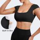 YEOREO Womens Square Neck Tank Tops Backless Summer Built in Bra Workout Crop Cap Sleeve Slice Casual Going Out Shirts (Black, L)
