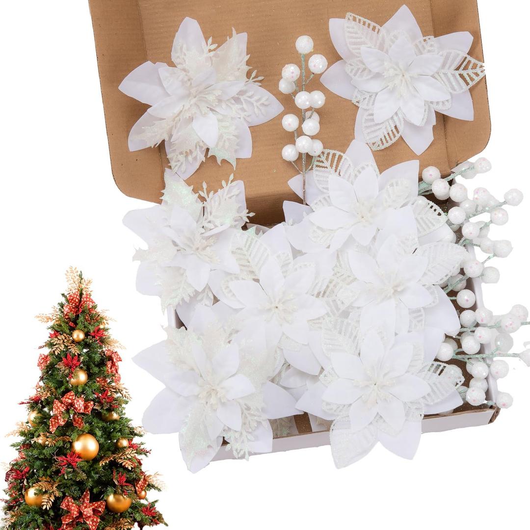 24 Pcs White Boxed Christmas Poinsettia Flowers Set, 16 Pcs Artificial Poinsettias with Clips, 8 pcs Glitter Christmas Tree Ornaments Berry Stems for Wedding Home Holiday Xmas New Year Decorations