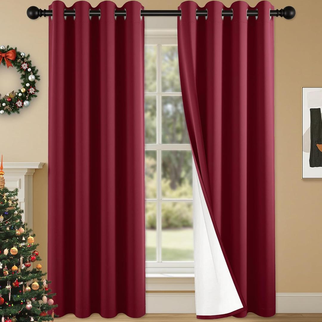 100% Blackout Curtains 108 Inch Length for Bedroom Living Room, Grommet Thermal Insulated Room Darkening Drapes, Light Blocking Window Treatment Decor, 2 Panels, 54x108, Burgundy Red