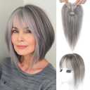 REECHO Hair Toppers for Women Real Human Hair, Seamless Human Hair Toppers with Bangs, 360 3D Cover Clip in Bangs Hair Extensions for Daily Wear, Dark Gray