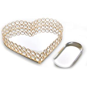 Heart Shaped Decorative Tray Metal Crystal Vanity Trays Glass Mirror Perfume Organiser Makeup Jewelry Trinket Holder for Party & Holiday Home Decoration (Heart, 11in, Gold) (11" x 11" x 2")